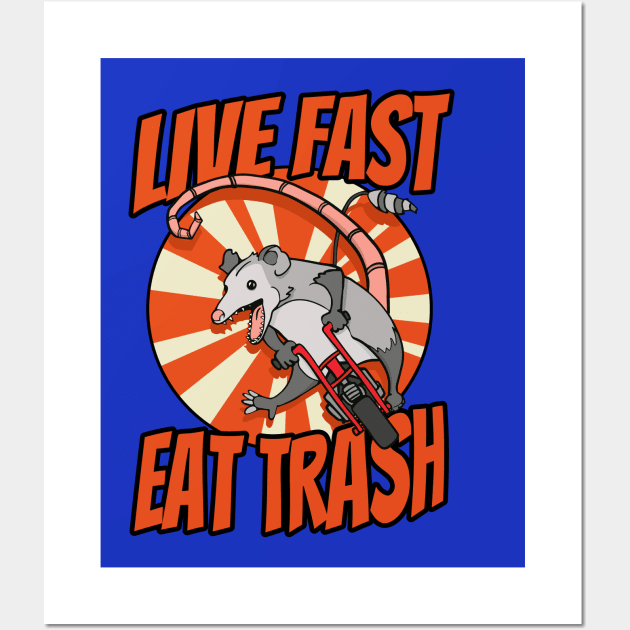 Live Fast Eat Trash Possum Riding Vintage Minibike Wall Art by Huhnerdieb Apparel